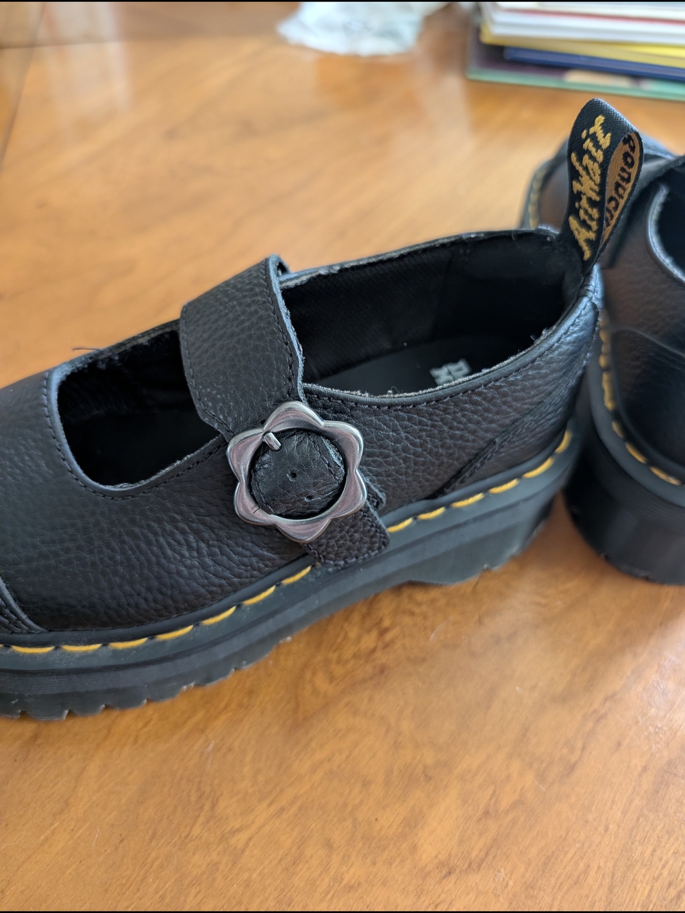 Dr. Martens Addina Black Leather Mary Jane Shoes with Flower Buckle - Picture 3 of 8